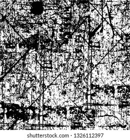 Rough, scratch, splatter grunge pattern design brush strokes. Overlay texture. Faded black-white dyed paper texture. Sketch grunge design. Use for poster, cover, banner, mock-up, stickers layout.