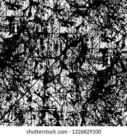 Rough, scratch, splatter grunge pattern design brush strokes. Overlay texture. Faded black-white dyed paper texture. Sketch grunge design. Use for poster, cover, banner, mock-up, stickers layout.