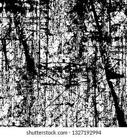 Rough, scratch, splatter grunge pattern design brush strokes. Overlay texture. Faded black-white dyed paper texture. Sketch grunge design. Use for poster, cover, banner, mock-up, stickers layout.