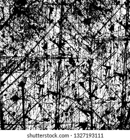 Rough, scratch, splatter grunge pattern design brush strokes. Overlay texture. Faded black-white dyed paper texture. Sketch grunge design. Use for poster, cover, banner, mock-up, stickers layout.