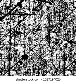 Rough, scratch, splatter grunge pattern design brush strokes. Overlay texture. Faded black-white dyed paper texture. Sketch grunge design. Use for poster, cover, banner, mock-up, stickers layout.