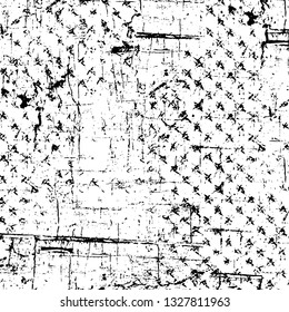 Rough, scratch, splatter grunge pattern design brush strokes. Overlay texture. Faded black-white dyed paper texture. Sketch grunge design. Use for poster, cover, banner, mock-up, stickers layout.