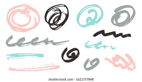 Rough scribble doodle graphic design vector elements.  Isolated marker traces. Acrylic brush strokes, round swirls, wavy lines. Scribble scratches, sketch doodle smears. Graffiti freehand drawings.