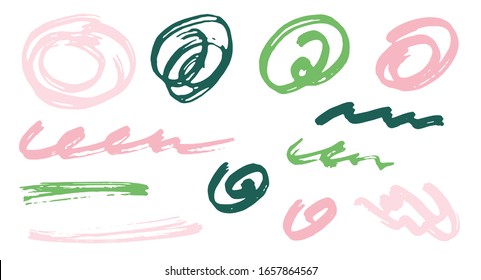 Rough scribble doodle Vektorillustration Elemente.  Isolierte Markerspuren. Pinselstriche, kreisförmige Schwenken, Wellenlinien. Schreibe Kratzer, Sketch-Doodle-Abstriche. Abstrakte Freehand-Zeichnungen.