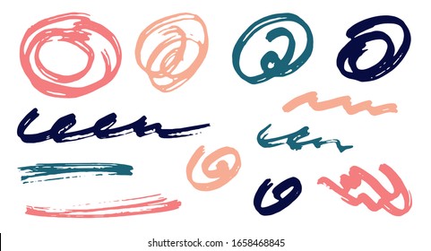 Rough scribble doodle graphic design vector elements.  Draft marker traces. Paint brush strokes, round swirls, wavy lines. Scribble scratches, sketch doodle smudges. Abstract freehand drawings.
