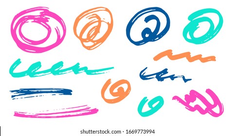 Rough scribble doodle graphic design vector elements.  Draft marker traces. Ink brush strokes, round swirls, wavy lines. Scribble scratches, sketch doodle blots. Uneven freehand drawings.