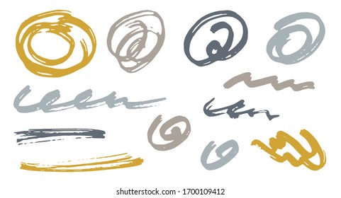 Rough scribble doodle graphic design vector elements.  Draft marker traces. Paint brush strokes, circular swirls, wave lines. Scribble scratches, sketch doodle smears. Abstract freehand drawings.