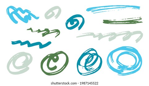 Elementos vectores de diseño gráfico de garabatos rígidos.  Rastreo de marcadores de borrador. Dibujar trazos de pincel, giros circulares, líneas de onda. Arañazos de escrúpulos, bocear manchas de doodle. Dibujos abstractos a mano alzada.