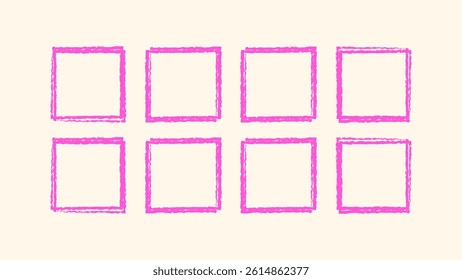 Rough scribble square frame vector. Crayon sketch hand drawn border. Child-style pastel brush stroke shape. Doodle grunge colored square set. Vector artwork.