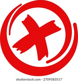 Rough, scribbled red cross mark contained in a hand-drawn circle outline.