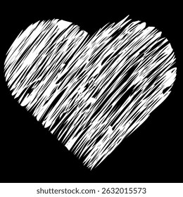 A rough, scribbled white heart shape stands out against a solid black background.
