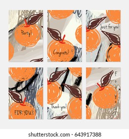 Rough scribbles and abstract apple.Hand drawn creative invitation or greeting cards template. Anniversary, Birthday, wedding, party, social media banners set of 6. Isolated on layer.