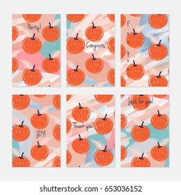 Rough scribbles and abstract apple.Hand drawn creative invitation or greeting cards template. Anniversary, Birthday, wedding, party, social media banners set of 6. Isolated on layer.