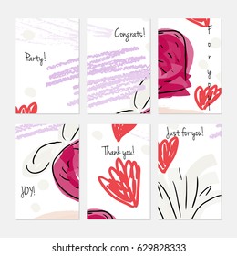 Rough scribbles and abstract berries.Hand drawn creative invitation or greeting cards template. Anniversary, Birthday, wedding, party, social media banners set of 6. Isolated on layer.