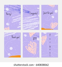 Rough scribbles and abstract berries.Hand drawn creative invitation or greeting cards template. Anniversary, Birthday, wedding, party, social media banners set of 6. Isolated on layer.