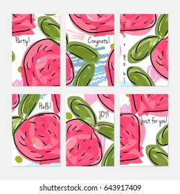 Rough scribbles and abstract berries.Hand drawn creative invitation or greeting cards template. Anniversary, Birthday, wedding, party, social media banners set of 6. Isolated on layer.