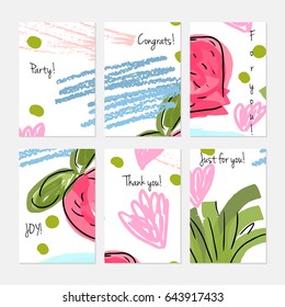 Rough scribbles and abstract berries.Hand drawn creative invitation or greeting cards template. Anniversary, Birthday, wedding, party, social media banners set of 6. Isolated on layer.