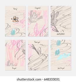 Rough scribbles and abstract berries.Hand drawn creative invitation or greeting cards template. Anniversary, Birthday, wedding, party, social media banners set of 6. Isolated on layer.
