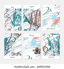 Rough scribbles and abstract berries.Hand drawn creative invitation or greeting cards template. Anniversary, Birthday, wedding, party, social media banners set of 6. Isolated on layer.