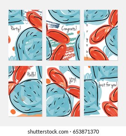 Rough scribbles and abstract berries.Hand drawn creative invitation or greeting cards template. Anniversary, Birthday, wedding, party, social media banners set of 6. Isolated on layer.