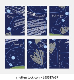 Rough scribbles and abstract berries.Hand drawn creative invitation or greeting cards template. Anniversary, Birthday, wedding, party, social media banners set of 6. Isolated on layer.