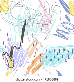 Rough scribbles blue on light pink.Hand drawn with ink and marker brush seamless background.Ethnic design.