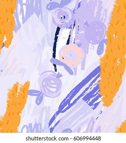 Rough scribbles and doodles with abstract apples.Abstract seamless pattern. Universal bright background for greeting cards, invitations. Had drawn ink and marker watercolor texture.