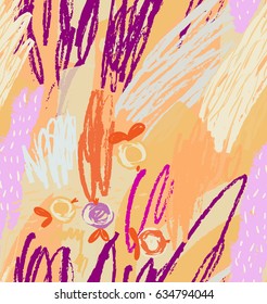 Rough scribbles and doodles with abstract apples.Abstract seamless pattern. Universal bright background for greeting cards, invitations. Had drawn ink and marker watercolor texture.