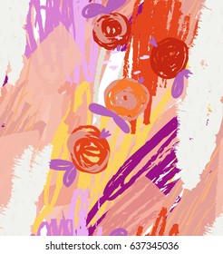 Rough scribbles and doodles with abstract apples.Abstract seamless pattern. Universal bright background for greeting cards, invitations. Had drawn ink and marker watercolor texture.