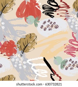 Rough scribbles and doodles with berries and floral leaves.Abstract seamless pattern. Universal bright background for greeting cards, invitations. Had drawn ink and marker watercolor texture.