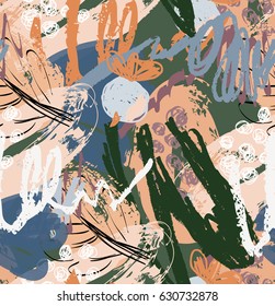 Rough scribbles and doodles with berries and floral leaves.Abstract seamless pattern. Universal bright background for greeting cards, invitations. Had drawn ink and marker watercolor texture.
