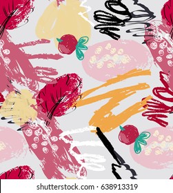 Rough scribbles and doodles with berries and floral leaves.Abstract seamless pattern. Universal bright background for greeting cards, invitations. Had drawn ink and marker watercolor texture.