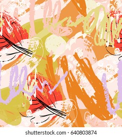 Rough scribbles and doodles with berries and floral leaves.Abstract seamless pattern. Universal bright background for greeting cards, invitations. Had drawn ink and marker watercolor texture.