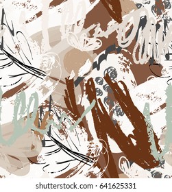 Rough scribbles and doodles with berries and floral leaves.Abstract seamless pattern. Universal bright background for greeting cards, invitations. Had drawn ink and marker watercolor texture.