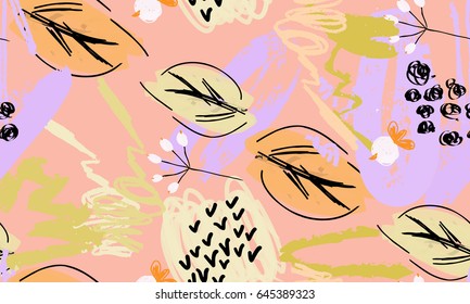 Rough scribbles and doodles with berries and floral leaves.Abstract seamless pattern. Universal bright background for greeting cards, invitations. Had drawn ink and marker watercolor texture.