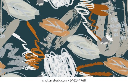 Rough scribbles and doodles with berries and floral leaves.Abstract seamless pattern. Universal bright background for greeting cards, invitations. Had drawn ink and marker watercolor texture.