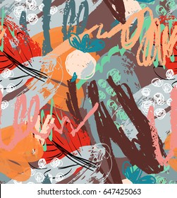 Rough scribbles and doodles with berries and floral leaves.Abstract seamless pattern. Universal bright background for greeting cards, invitations. Had drawn ink and marker watercolor texture.