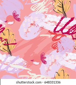 Rough scribbles and doodles with berries and floral leaves.Abstract seamless pattern. Universal bright background for greeting cards, invitations. Had drawn ink and marker watercolor texture.
