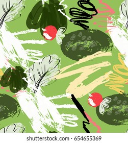 Rough scribbles and doodles with berries and floral leaves.Abstract seamless pattern. Universal bright background for greeting cards, invitations. Had drawn ink and marker watercolor texture.