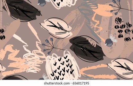 Rough scribbles and doodles with berries and floral leaves.Abstract seamless pattern. Universal bright background for greeting cards, invitations. Had drawn ink and marker watercolor texture.