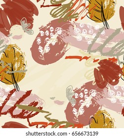 Rough scribbles and doodles with berries and floral leaves.Abstract seamless pattern. Universal bright background for greeting cards, invitations. Had drawn ink and marker watercolor texture.