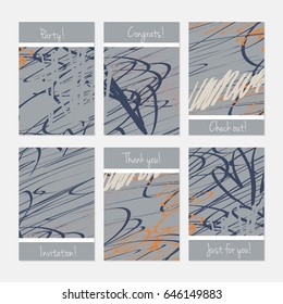 Rough scribbles.Hand drawn creative invitation or greeting cards template. Anniversary, Birthday, wedding, party, social media banners set of 6. Isolated on layer.
