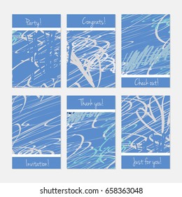 Rough scribbles.Hand drawn creative invitation or greeting cards template. Anniversary, Birthday, wedding, party, social media banners set of 6. Isolated on layer.
