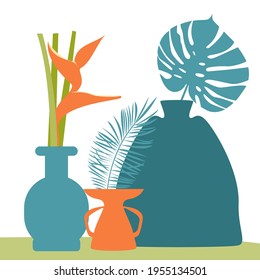 Rough simple flat vases with tropical plants. Natural forms. vector