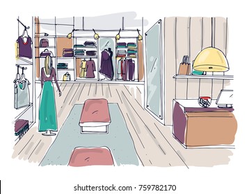 Rough sketch of clothing showroom interior with hangers, shelving, furnishings, mannequin dressed in trendy clothes. Hand drawn fashion boutique or apparel shop. Colored vector illustration.