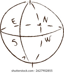 A rough sketch of a compass rose with cardinal directions in a hand-drawn style. The illustration depicts directional letters on a spherical shape. Cartoon vector illustration.