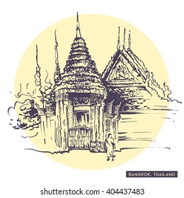 Rough sketch drawing of Bangkok, Thailand. Thai monk walking near traditional Siam temple. Tourist postcard. Travel sketching collection.