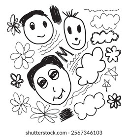 Rough sketch. hand drawn sketch. doodle and girly shapes collection. hand drawn shapes. flower sketch. stars. clouds. curly lines. rough brush strokes. underline. funny face