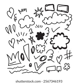 Rough sketch. hand drawn sketch. doodle and girly shapes collection. hand drawn shapes. stars. clouds. hearts. crown. curly lines. rough brush strokes. underline