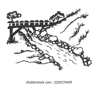 Rough sketch hand drawn landscape nature illustration. Rocky small river with bridge illustration behind it. River and bridge vector illustration.